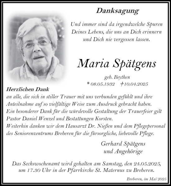 Traueranzeige von Maria Spätgens von Zeitung am Sonntag