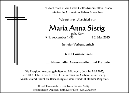 Traueranzeige von Maria Anna Sistig von Aachener Zeitung