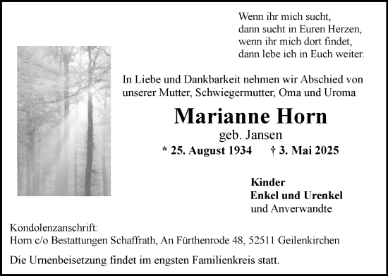 Traueranzeige von Marianne Horn von Zeitung am Sonntag
