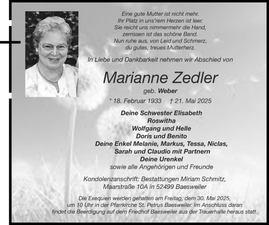Traueranzeige von Marianne Zedler von Zeitung am Sonntag