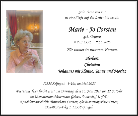 Traueranzeige von Marie - Jo Corsten von Zeitung am Sonntag