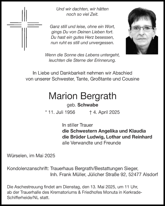 Traueranzeige von Marion Bergrath von Zeitung am Sonntag