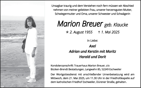 Traueranzeige von Marion Breuer von Zeitung am Sonntag