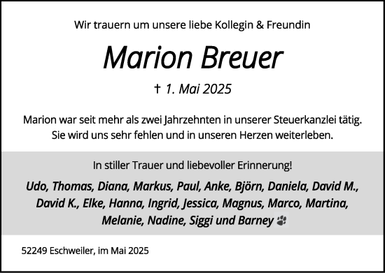 Traueranzeige von Marion Breuer von Zeitung am Sonntag