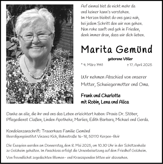 Traueranzeige von Marita Gemünd von Zeitung am Sonntag