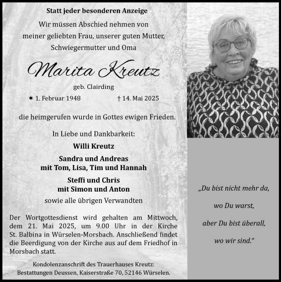 Traueranzeige von Marita Kreutz von Zeitung am Sonntag