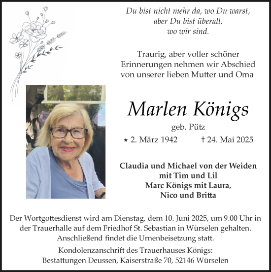 Traueranzeige von Marlen Königs von Zeitung am Sonntag