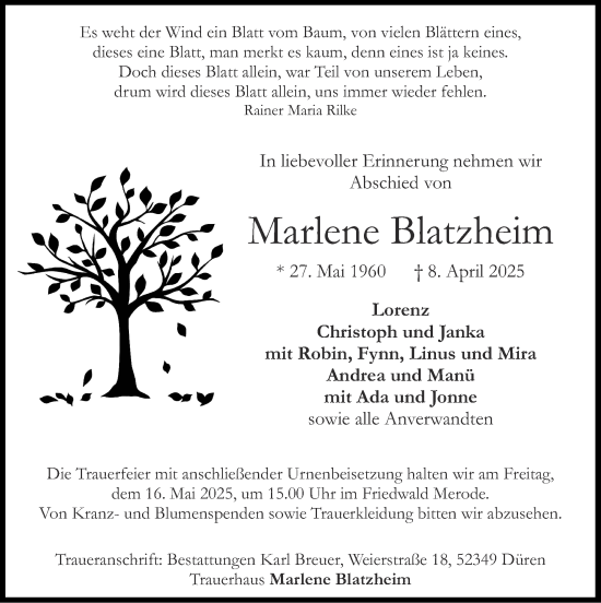 Traueranzeige von Marlene Blatzheim von Zeitung am Sonntag