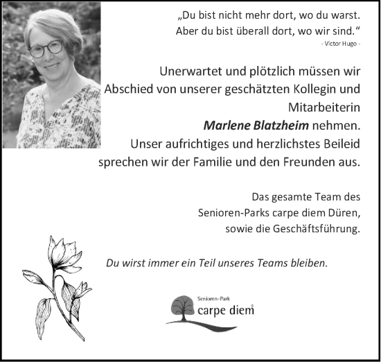 Traueranzeige von Marlene Blatzheim von Zeitung am Sonntag