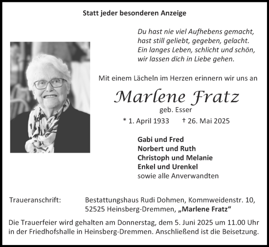 Traueranzeige von Marlene Fratz von Zeitung am Sonntag