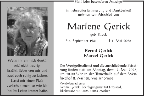 Traueranzeige von Marlene Gerick von Zeitung am Sonntag