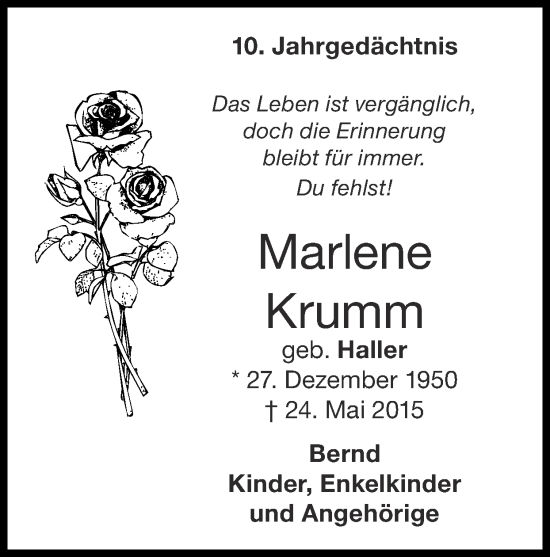 Traueranzeige von Marlene Krumm von Zeitung am Sonntag