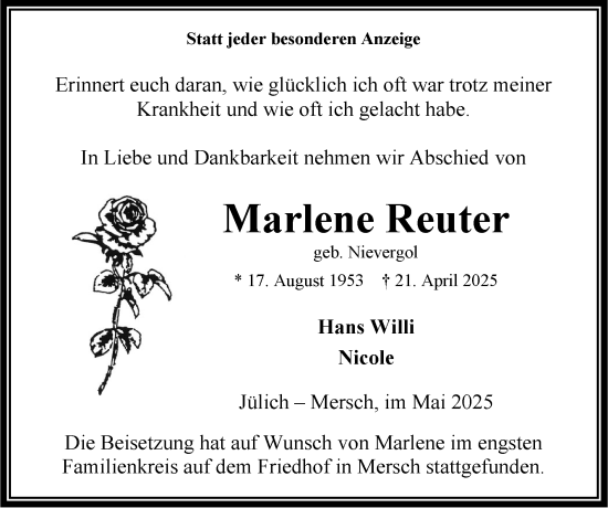 Traueranzeige von Marlene Reuter von Zeitung am Sonntag