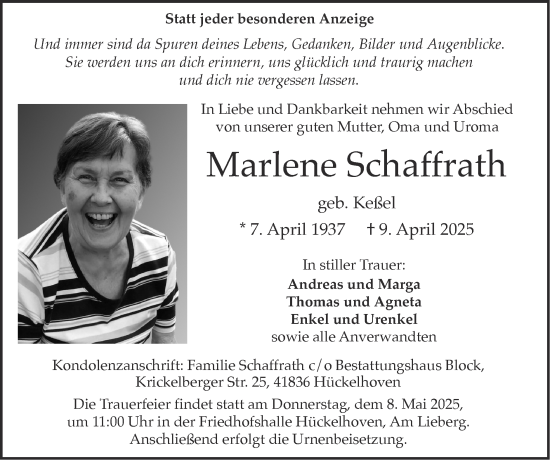 Traueranzeige von Marlene Schaffrath von Zeitung am Sonntag