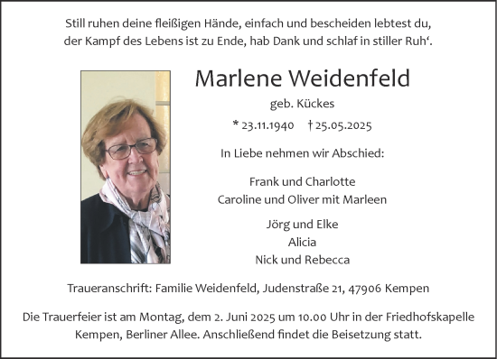 Traueranzeige von Marlene Weidenfeld von Zeitung am Sonntag