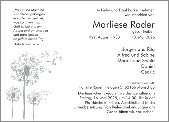 Traueranzeige von Marliese Rader von Aachener Zeitung