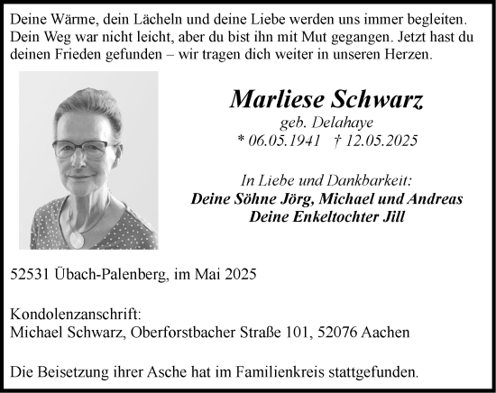 Traueranzeige von Marliese Schwarz von Zeitung am Sonntag