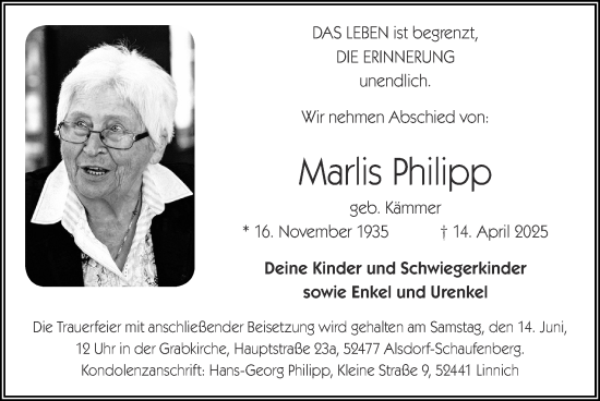 Traueranzeige von Marlis Philipp von Zeitung am Sonntag