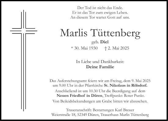 Traueranzeige von Marlis Tüttenberg von Aachener Zeitung
