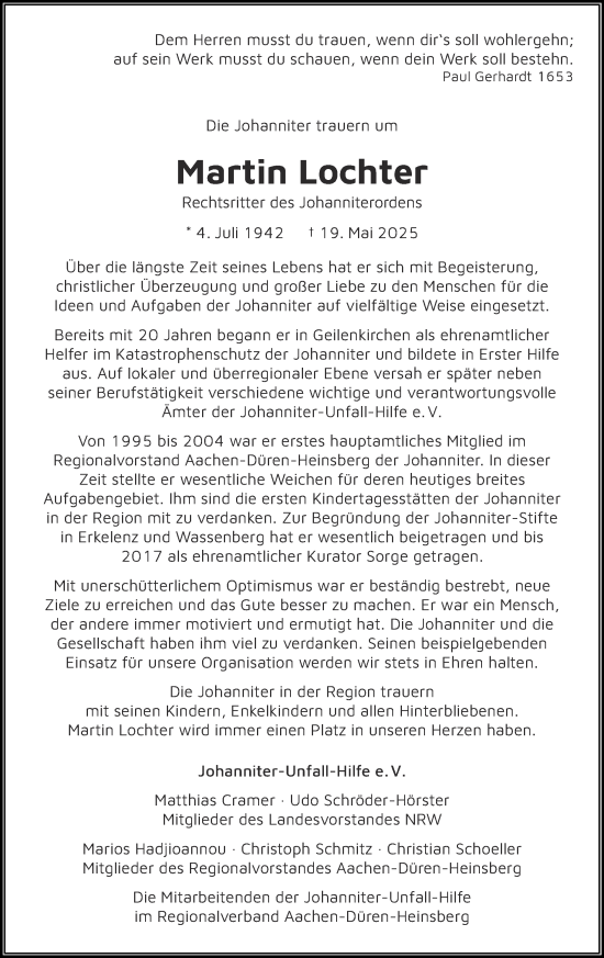 Traueranzeige von Martin Lochter von Zeitung am Sonntag