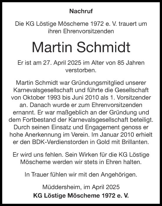 Traueranzeige von Martin Schmidt von Zeitung am Sonntag