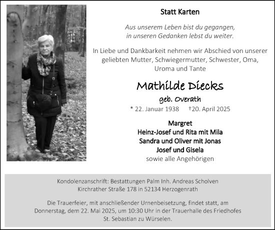 Traueranzeige von Mathilde Diecks von Zeitung am Sonntag