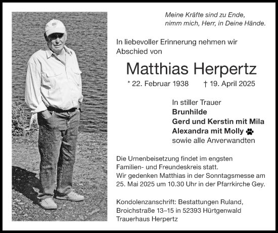 Traueranzeige von Matthias Herpertz von Zeitung am Sonntag