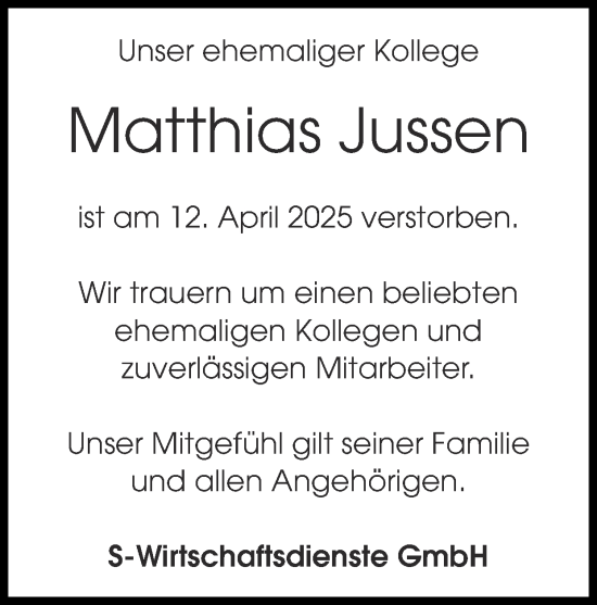 Traueranzeige von Matthias Jussen von Zeitung am Sonntag