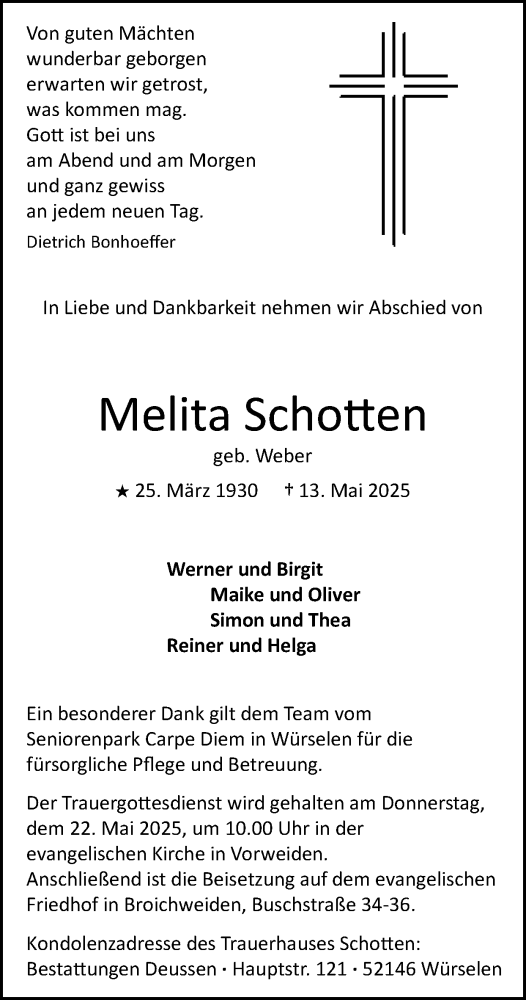 Traueranzeige von Melita Schotten von Zeitung am Sonntag