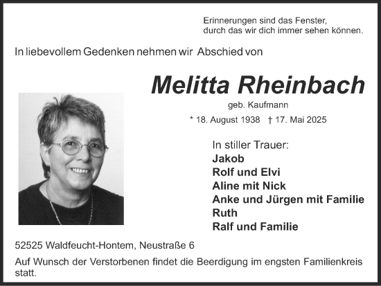 Traueranzeige von Melitta Rheinbach von Zeitung am Sonntag