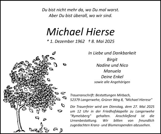 Traueranzeige von Michael Hierse von Zeitung am Sonntag