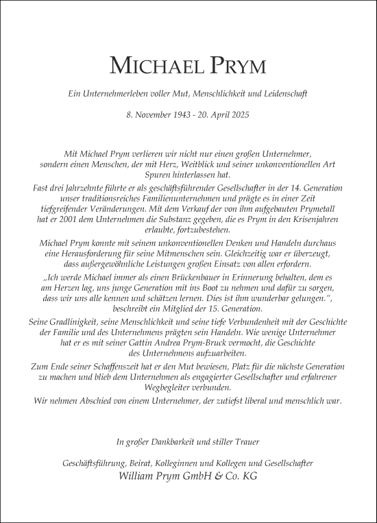 Traueranzeige von Michael Prym von Aachener Zeitung