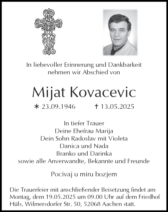 Traueranzeige von Mijat Kovacevic von Zeitung am Sonntag