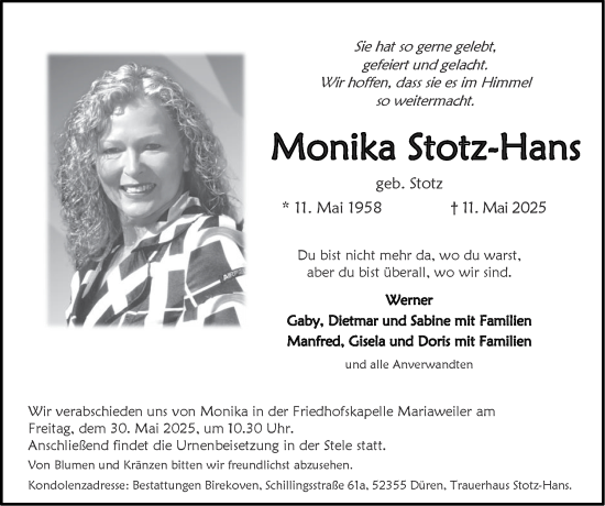 Traueranzeige von Monika Stotz-Hans von Zeitung am Sonntag