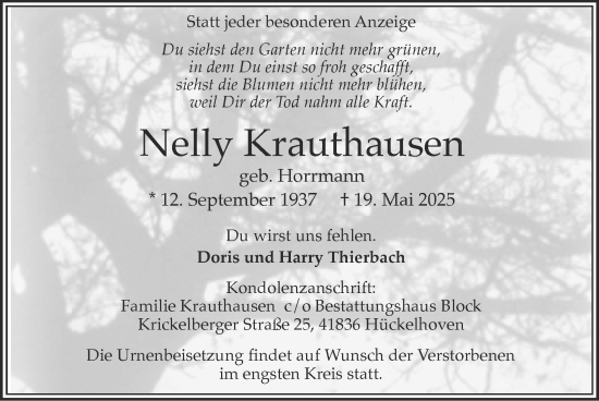 Traueranzeige von Nelly Krauthausen von Zeitung am Sonntag