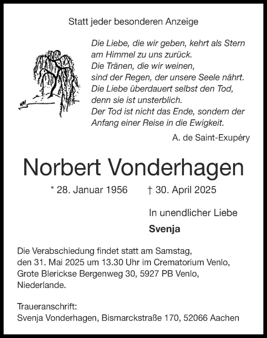 Traueranzeige von Norbert Vonderhagen von Zeitung am Sonntag