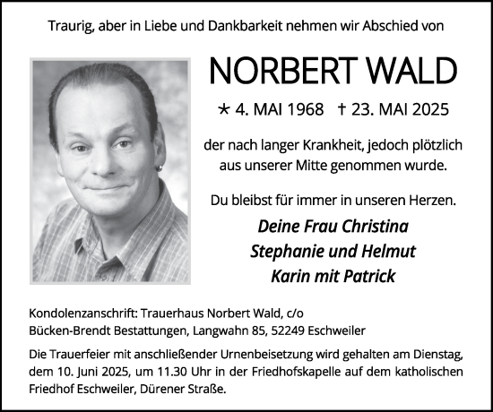 Traueranzeige von Norbert Wald von Zeitung am Sonntag