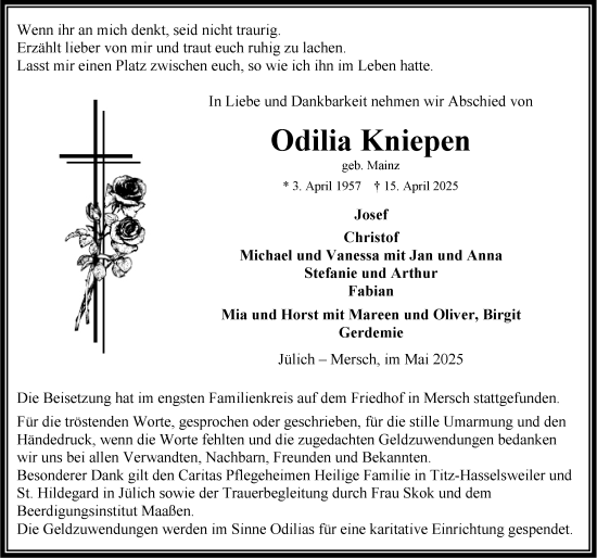 Traueranzeige von Odilia Kniepen von Zeitung am Sonntag