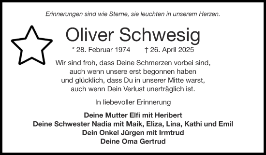 Traueranzeige von Oliver Schwesig von Zeitung am Sonntag