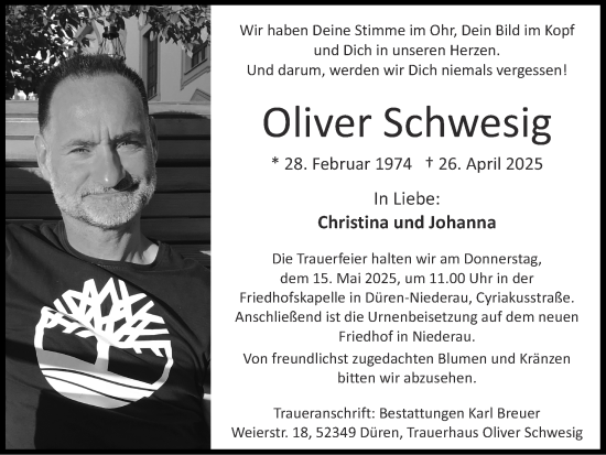 Traueranzeige von Oliver Schwesig von Zeitung am Sonntag