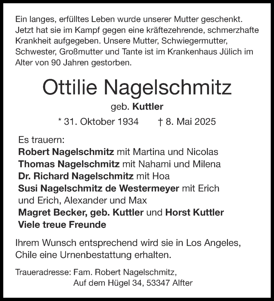  Traueranzeige für Ottilie Nagelschmitz vom 17.05.2025 aus Aachener Zeitung
