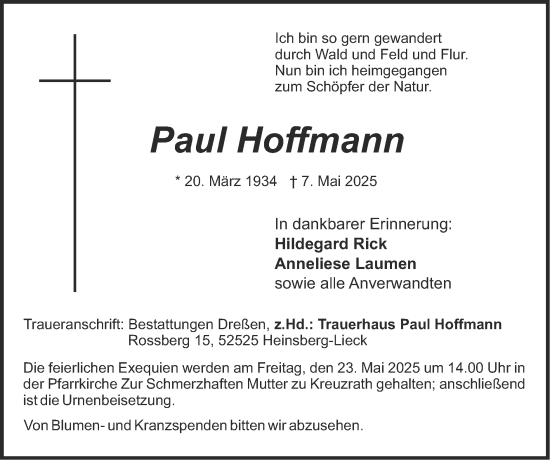 Traueranzeige von Paul Hoffmann von Zeitung am Sonntag