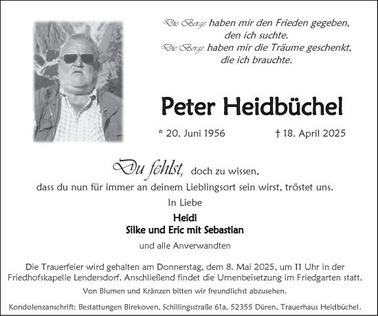 Traueranzeige von Peter Heidbüchel von Zeitung am Sonntag