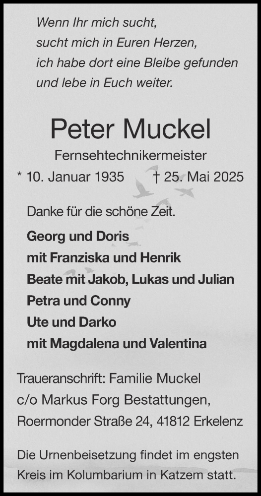 Traueranzeige von Peter Muckel von Zeitung am Sonntag