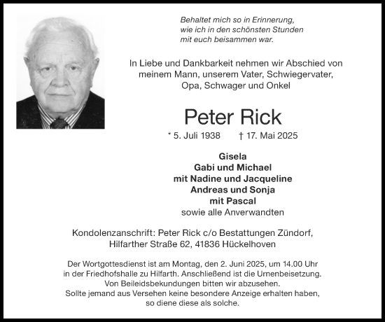 Traueranzeige von Peter Rick von Zeitung am Sonntag