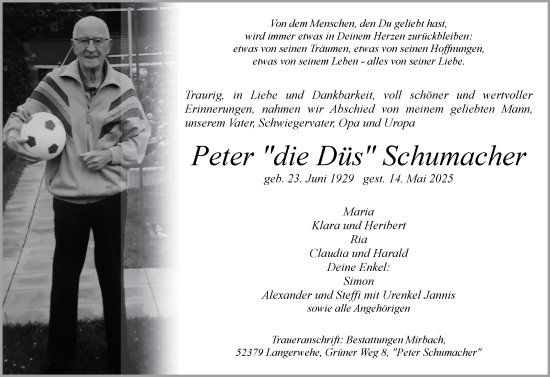 Traueranzeige von Peter Schumacher von Zeitung am Sonntag
