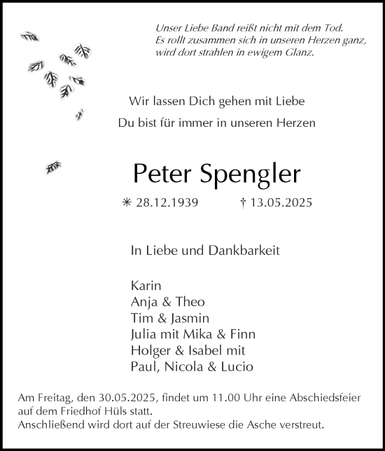 Traueranzeige von Peter Spengler von Zeitung am Sonntag