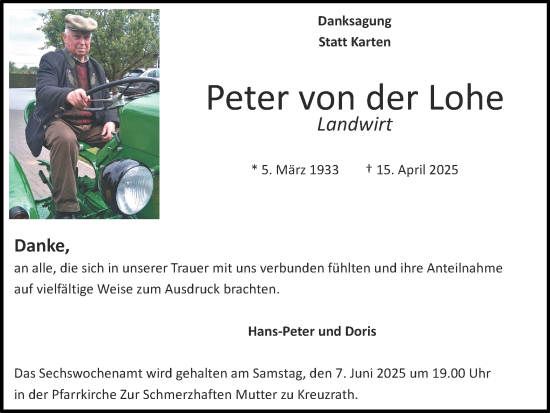 Traueranzeige von Peter von der Lohe von Zeitung am Sonntag