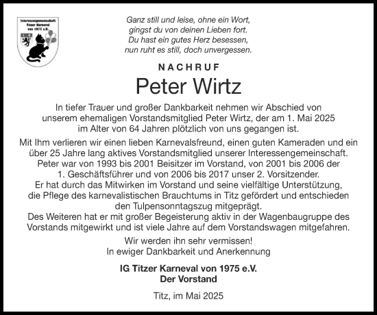Traueranzeige von Peter Wirtz von Zeitung am Sonntag