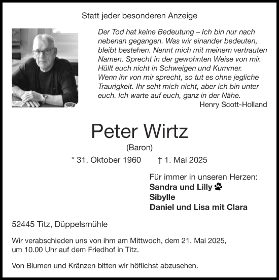 Traueranzeige von Peter Wirtz von Zeitung am Sonntag